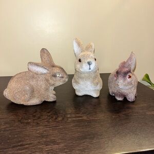 3 Vintage Flocked Brown Bunny Rabbits Bank Easter